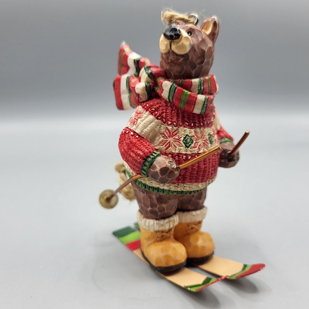 Skiing Bear Christmas Ornament Rustic Winter Holiday Tree Decor Red White